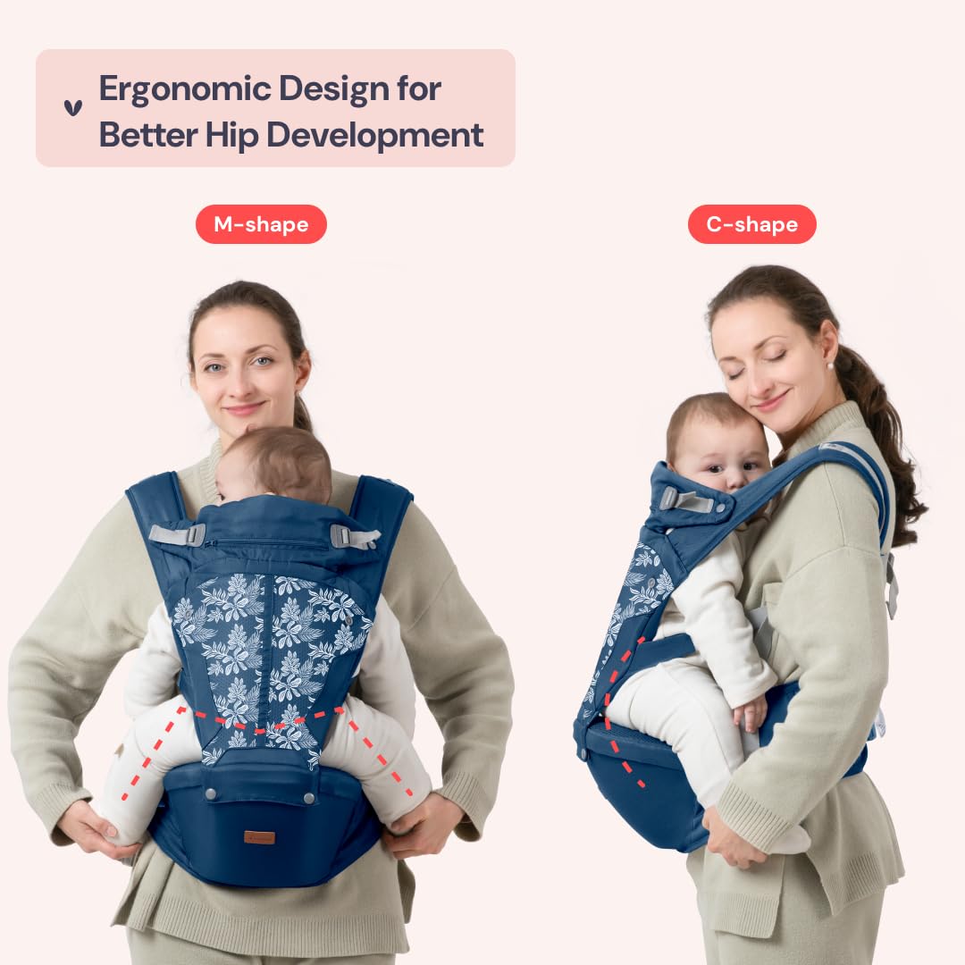 BabbleRoo Grow Carrier – 6-in-1 Baby Carrier with Hip Seat, Ergonomic, Cozy & Adjustable Toddler Carrier 7-50 lbs with Hip & Lumbar Support, Hood for Sun Protection, Newborn to Toddler, Denim Leaves