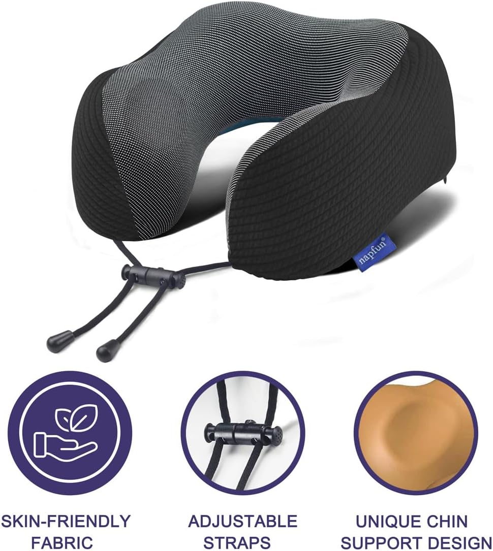 napfun Neck Pillow for Traveling, Upgraded Travel Neck Pillow for Airplane 100% Pure Memory Foam Travel Pillow for Flight Headrest Sleep, Portable Plane Accessories, Striped Black