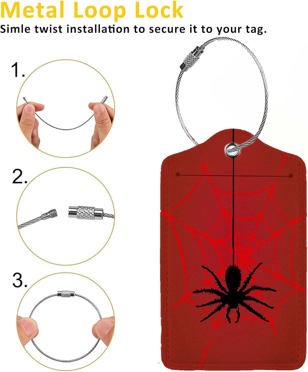 Spider Web 2-Pcs Premium Leather Tags with Privacy Covers,Luggage Tag Stainless Steel Loops Ideal for Suitcases, Travel Bags, Backpacks