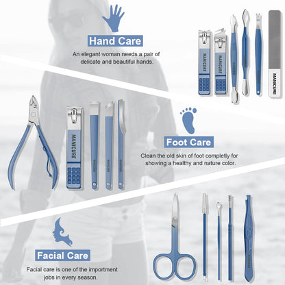 Manicure Set Professional Nail Clippers Pedicure Kit, 16 pcs Stainless Steel Nail Care Tools Grooming Kit with Luxurious Travel Leather Case for Thick Nails Men Women Gift (Blue)