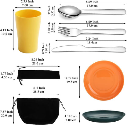 Evanda Camping Cutlery Set, Reusable Light Weight Mug, Plate and Stainless Steel Cutlery Set with Black Bag, Dishwasher Safe