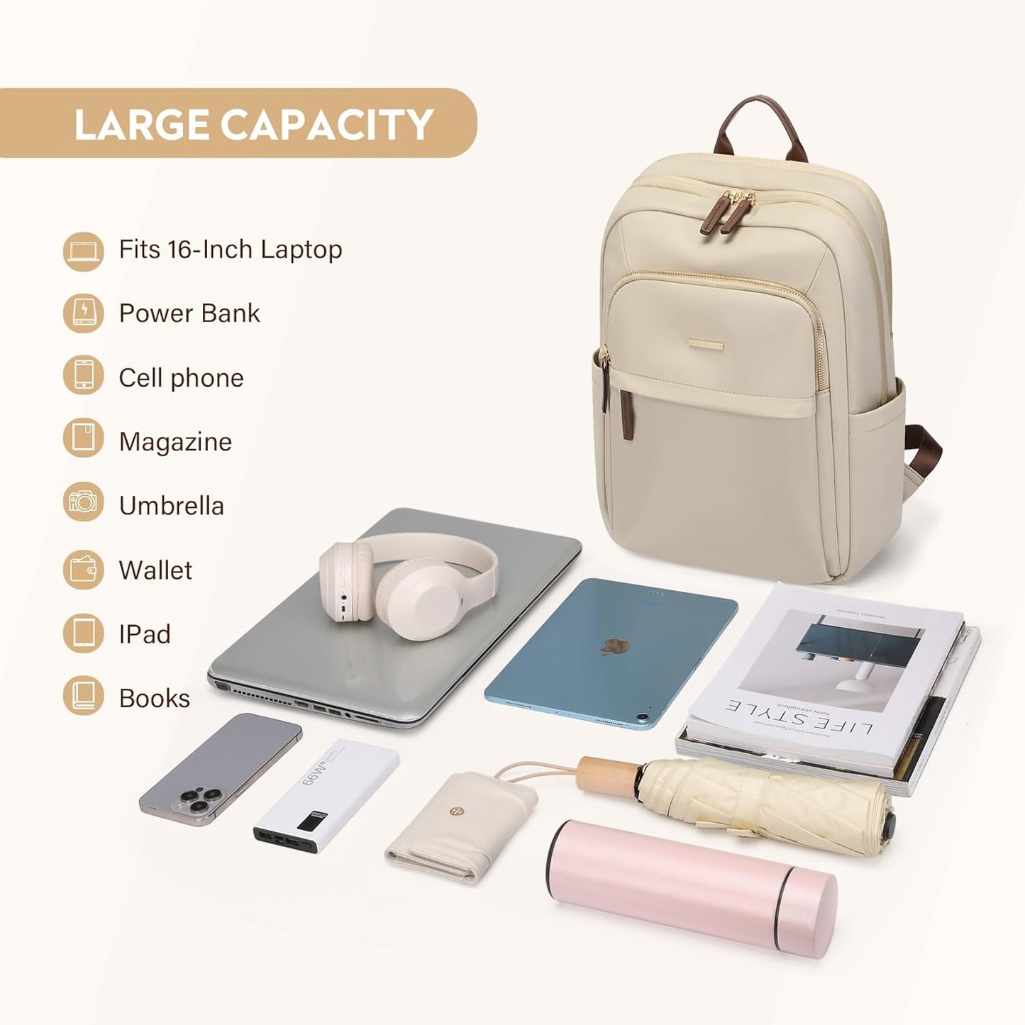 Hiking Travel Backpack for Women Casual Business Weekender Multilayer Laptop Bag,16 Inch,Apricot