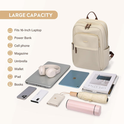 Hiking Travel Backpack for Women Casual Business Weekender Multilayer Laptop Bag,16 Inch,Apricot