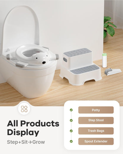 3 in 1 Potty Training Toilet & Toddler No-Slip Step Stool with Trash Bags and Spout Extender, Portable for Boys Girls Use in Indoor and Outdoor, Kids Portable Potty and Step Stool Set