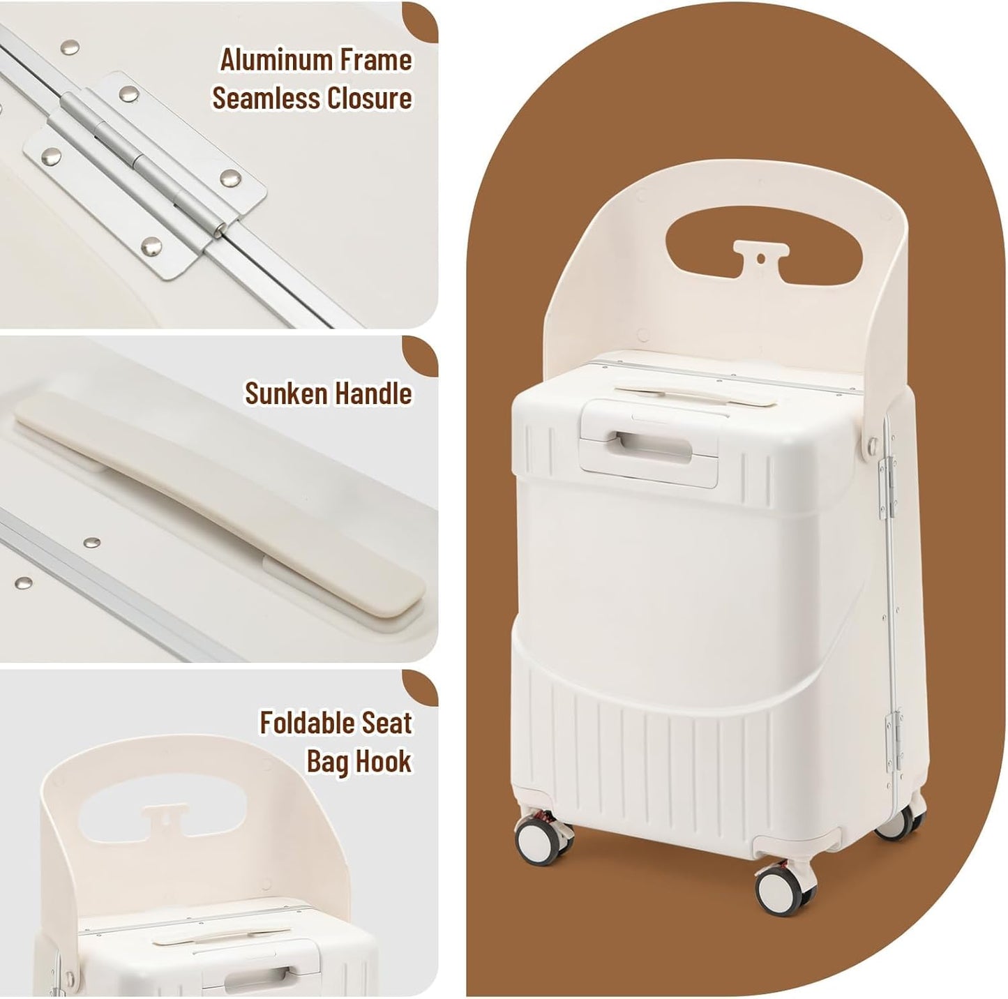 22'' Hardside Ride-On Suitcase with Seat for Kids & Adults – Travel Luggage with 360° Spinner Wheels, Lockable TSA Lock & Seat Belts, Foldable Stool for Airport Waiting