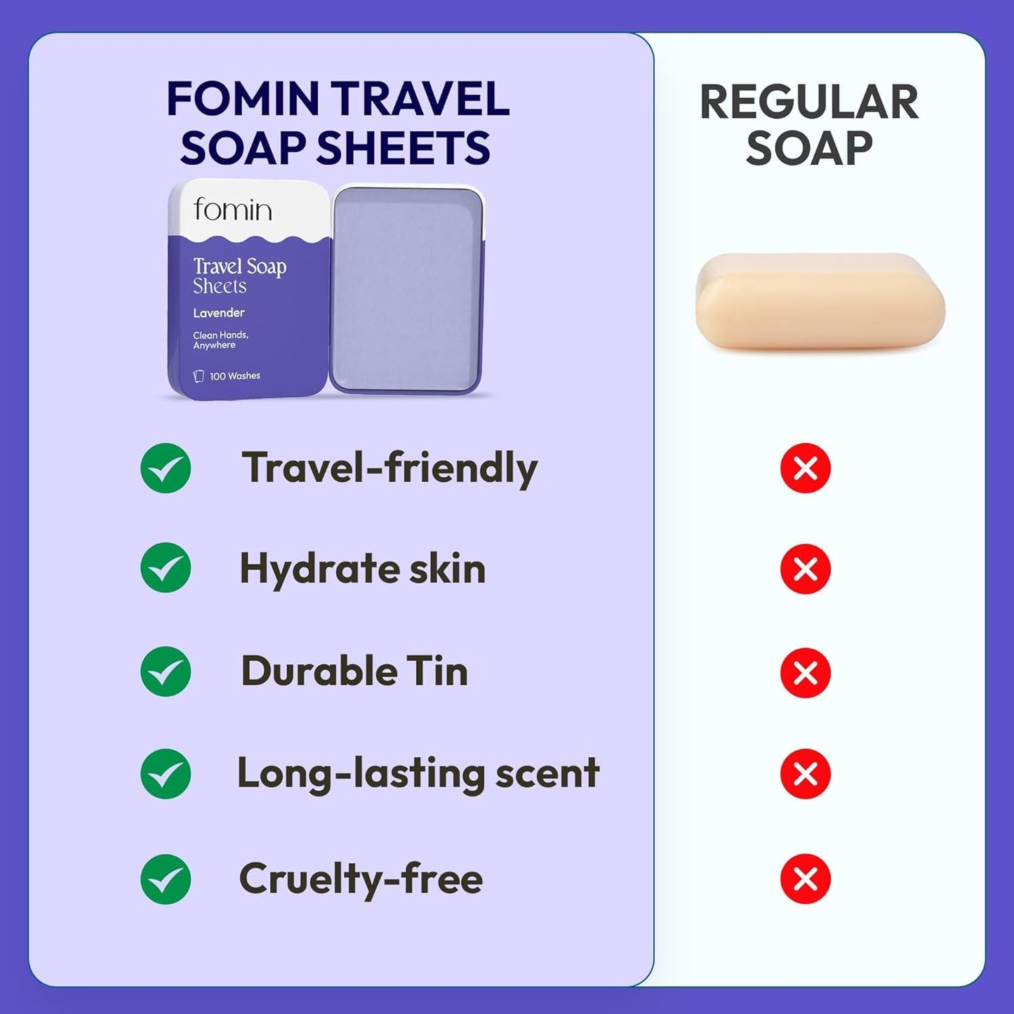 FOMIN - Antibacterial Paper Soap Sheets Tin for Traveling - (300 Sheets) Lavender - Portable Travel Hand Soap Sheets, Dissolvable Mini Camping Hand Soap for Hand Washing