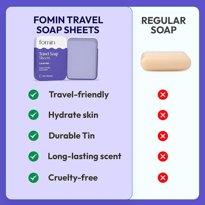 FOMIN - Antibacterial Paper Soap Sheets Tin for Traveling - (300 Sheets) Lavender - Portable Travel Hand Soap Sheets, Dissolvable Mini Camping Hand Soap for Hand Washing