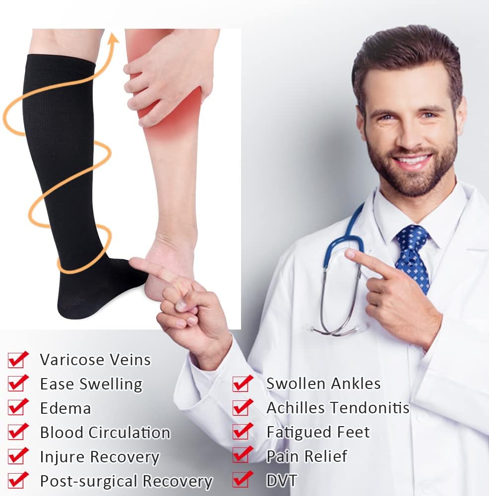 CASMON 2 Pairs Zipper Compression Socks for Women & Men,15-20 mmHg Closed Toe Knee High Support Sock for Varicose Vein Edema