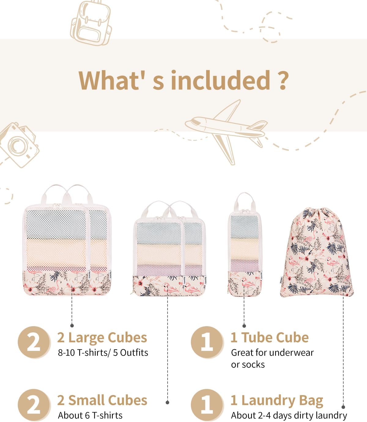 Narwey 6 Set Compression Packing Cubes for Travel Kids Women Carry on, Packing Organizers Bag for Backpack Luggage Suitcase Duffle Bags