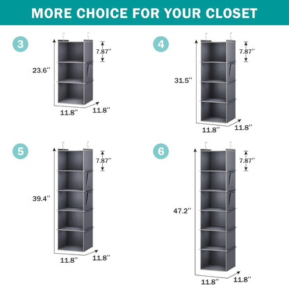 YOUDENOVA Hanging Closet Organizer, 3-Shelf Closet Hanging Storage Shelves, Grey