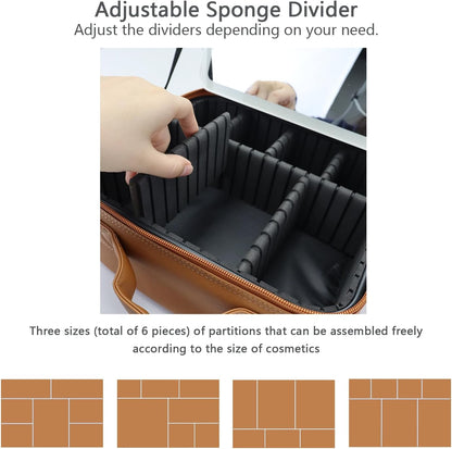 Makeup Bag with Led Mirror,Travel Makeup Organizer with 3 Color Setting & 10X Magnifying Mirror, Portable Storage and Adjustable Dividers Travel Makeup Bag-brown