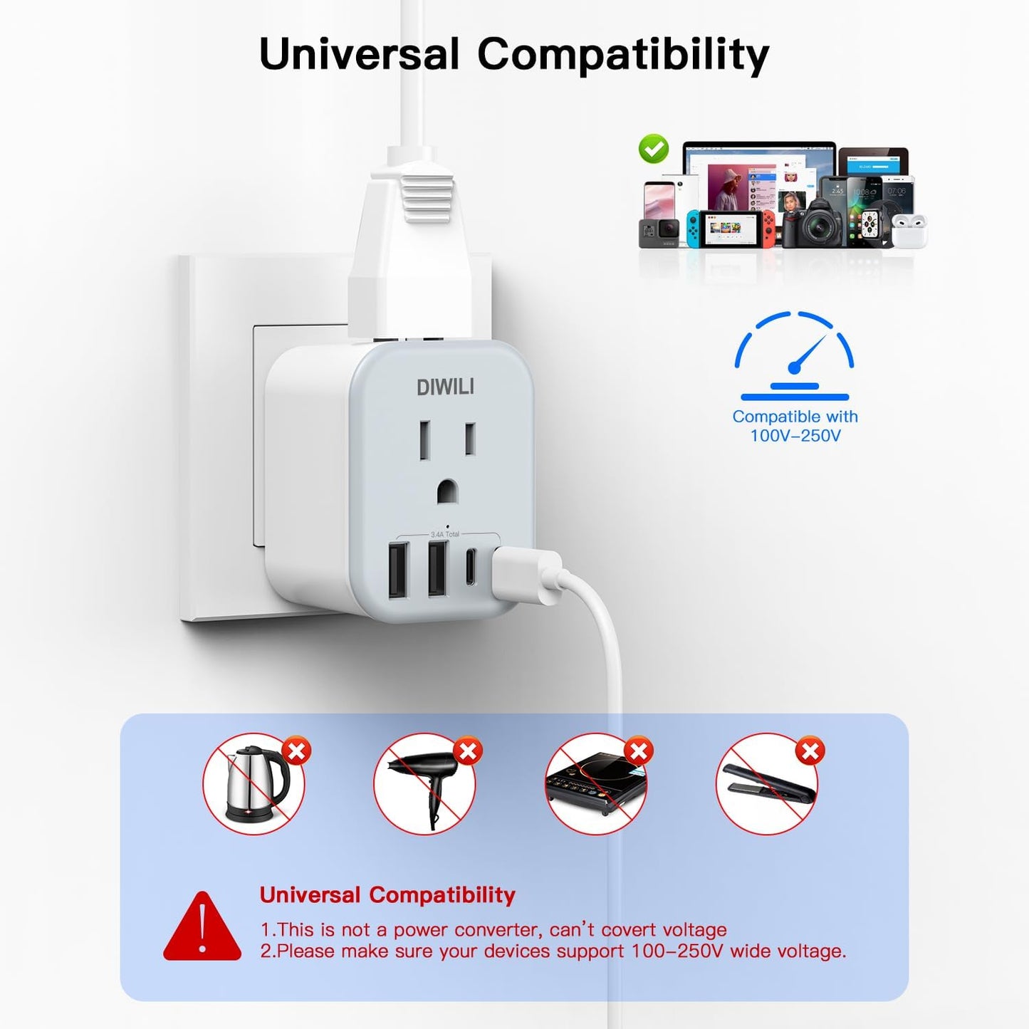 US to India Travel Plug Adapter, Foldable India Power Adapter with 4 USB(2 USB C Port) and 2 AC Outlets Charger, Type D Adaptor for US to India Bangladesh Maldives Pakistan Sri Lanka(1 Pack)