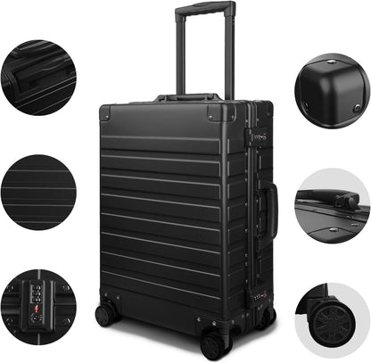 TRAVELKING All Aluminum Carry On Luggage with TSA Locks Zipperless Alloy Metal Hard Shell Spinner Suitcase (Black, 20 Inch)