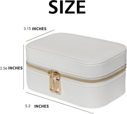 Small Jewelry Travel Case For Womens Small Rectangle PU Leather Jewelry Box With Zipper 2.56" H Portable Travel Jewelry Case For Big Earring Rings Necklaces Bracelets White Jewelry Gifts Box