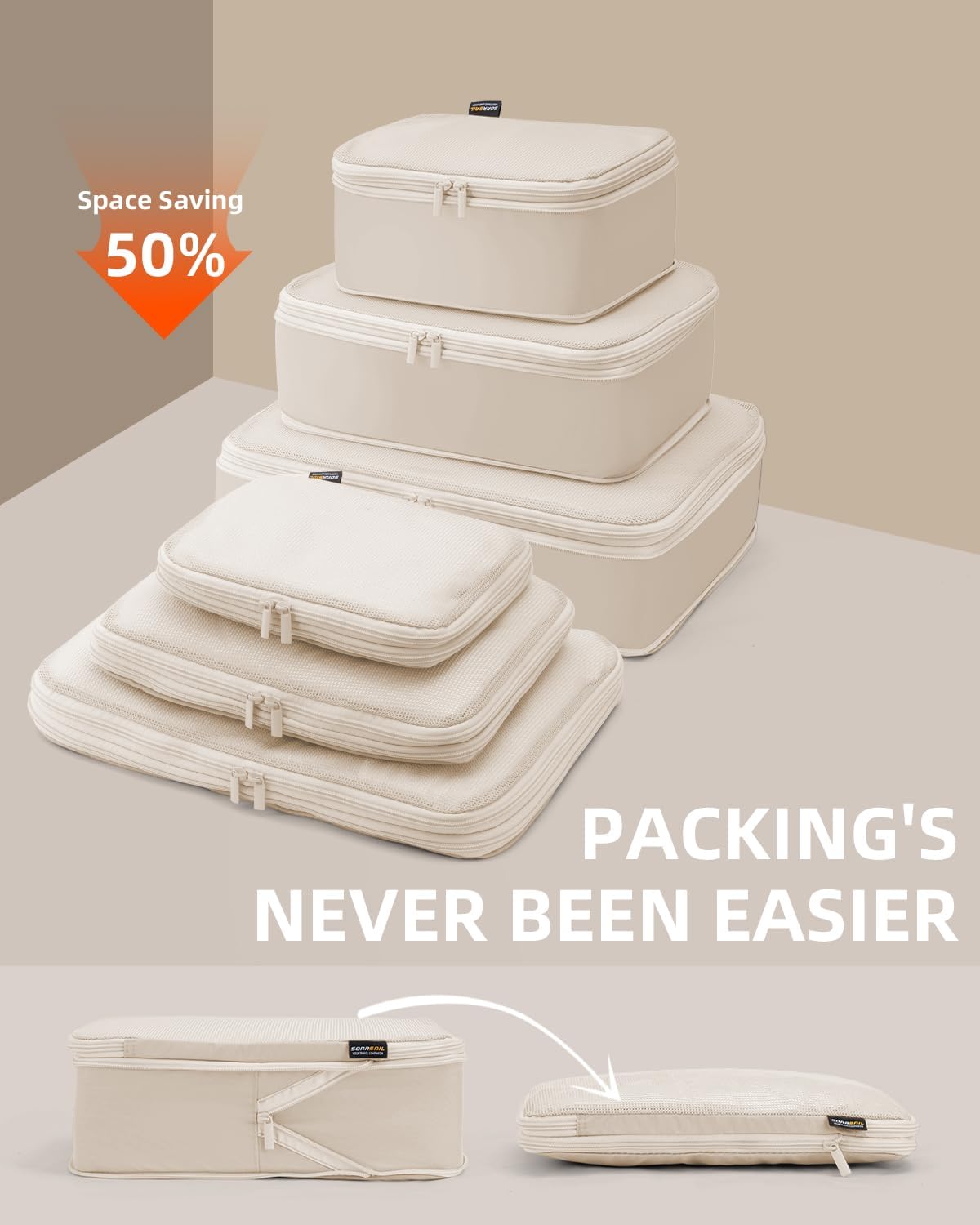 6 Set Compression Packing Cubes for Travel, Large Medium Small Luggage Organizers, Storage Bags for Clothes (6 Pack, Cream White)