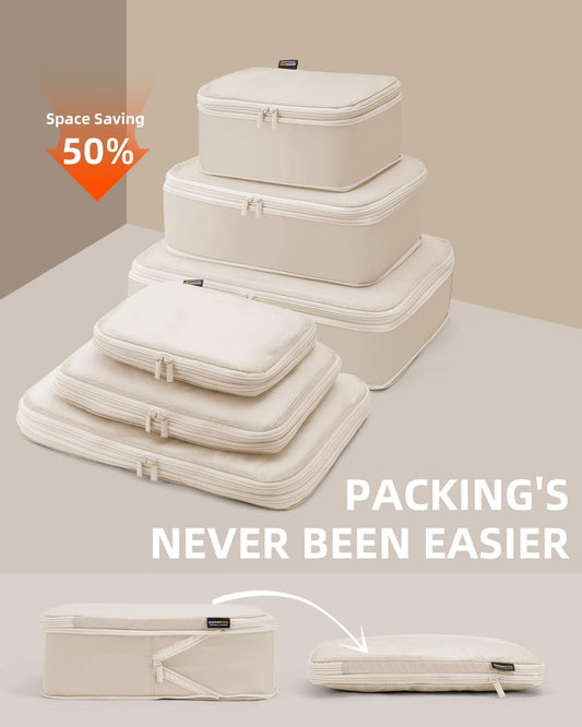 6 Set Compression Packing Cubes for Travel, Large Medium Small Luggage Organizers, Storage Bags for Clothes (6 Pack, Cream White)