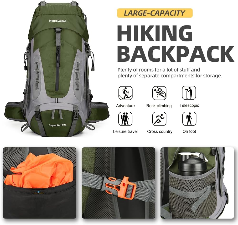 King'sGuard 60L Hiking Backpack Large Waterproof Camping Backpack for Men and Women Lightweight Frameless Backpacking Backpack with Rain Cover (Army Green)