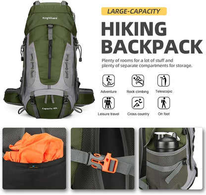 King'sGuard 60L Hiking Backpack Large Waterproof Camping Backpack for Men and Women Lightweight Frameless Backpacking Backpack with Rain Cover (Army Green)