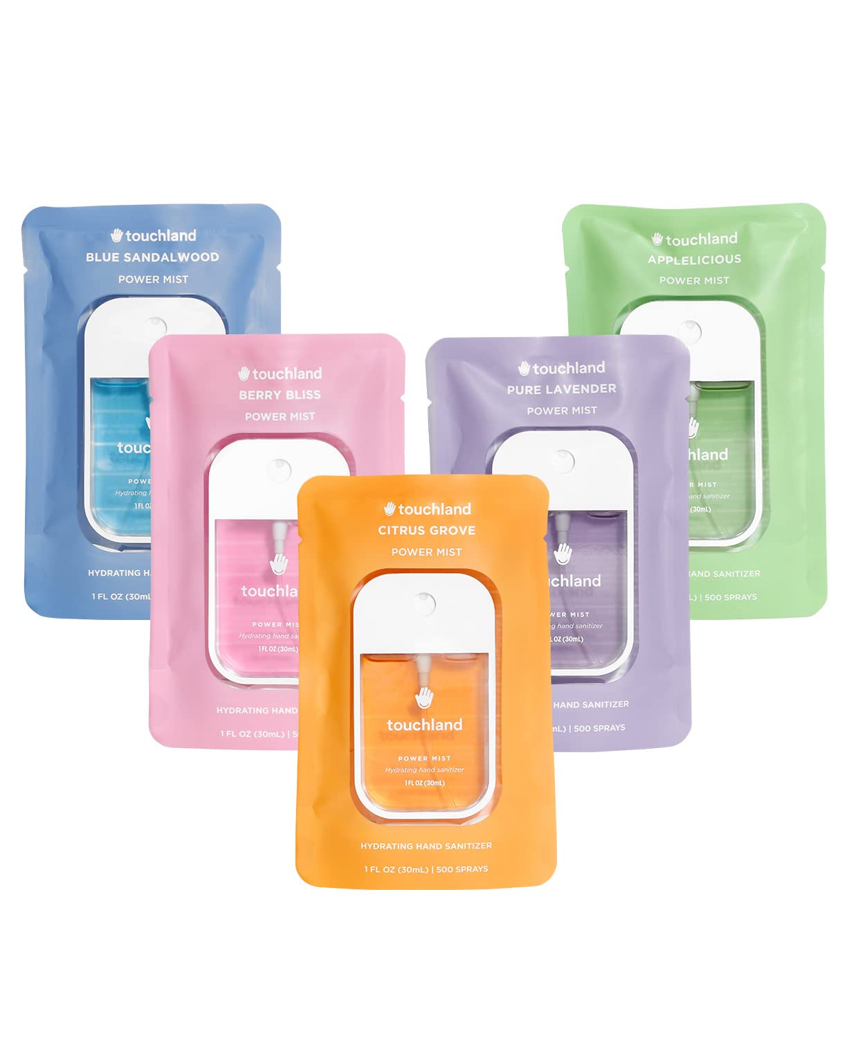 Touchland Power Mist Hydrating Hand Sanitizer Spray, TOP 5 Set (Applelicious, Sandalwood, Lavender, Berry, Citrus), 1 FL. OZ. Travel Size (Set of 5)