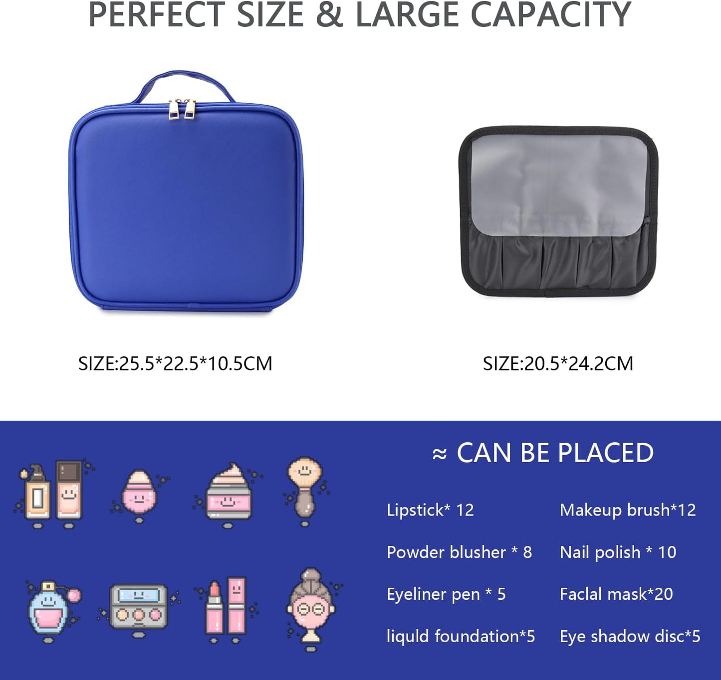 Makeup Bag with Led Mirror,Travel Makeup Organizer with 3 Color Setting & 10X Magnifying Mirror, Portable Storage and Adjustable Dividers Travel Makeup Bag-dark blue