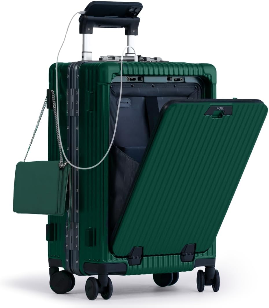 Nobl Travel Carry On Luggage, Noble Zipperless Aluminum Frame PC Hard Shell Suitcase, 22.5x15x9.5 Airline Approved, 360° Spinner Wheels, TSA Locks, USB Charging Port, Cup & Phone Holder -Forest Green