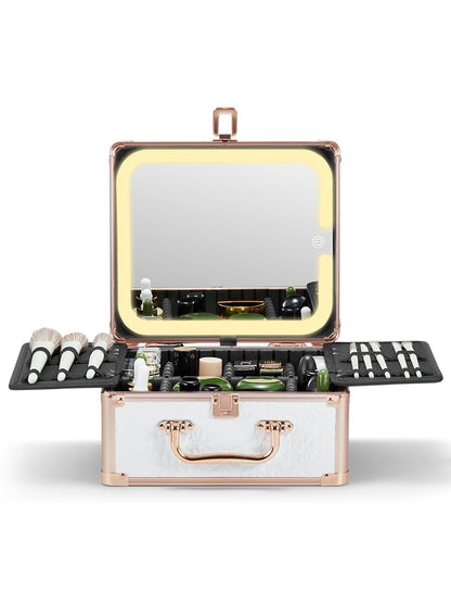 Qislee Makeup Box with A Detachable Lighted Mirror, Waterproof Travel Train Case, Cosmetic Organizer and Makeup Suitcase with Adjustable Dividers, Magnetic LED Mirror(Bright White)
