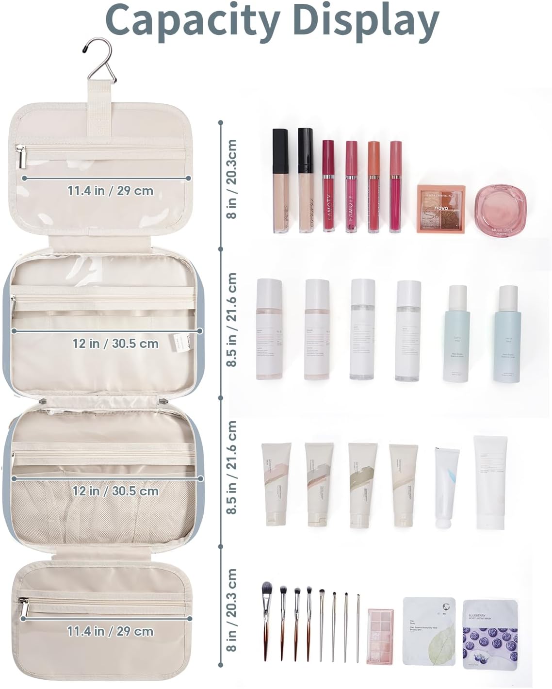 Narwey Travel Toiletry Bag for Women Large Hanging Makeup Bag Organizer Toiletries Bag for Full Size Essentials Accessories Cosmetics (Greyish Blue (Large))