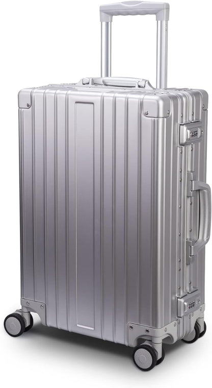 TRAVELKING All Aluminum Carry On Luggage Zipperless Hard Shell Luggage Case with TSA Lock Spinner Alloy Metal Suitcase (Silver, 20")