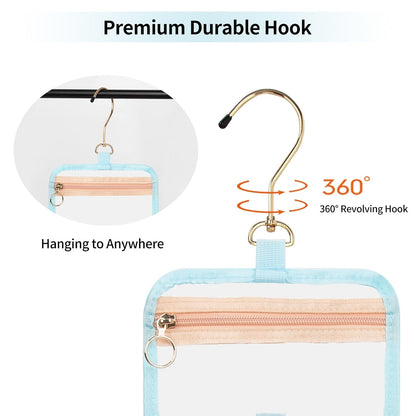 CUBETASTIC Hanging Travel Toiletry Bag, Clear Makeup Bag, Transparent 3 Comparment Small Travel Bag Cosmetic Organizer Case Portable Skincare Pouch with Handle (Blue, Small (Pack of 1))