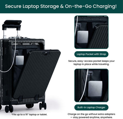 Nobl Travel Carry On Luggage, Noble Zipperless Aluminum Frame PC Hard Shell Suitcase, 20.8"x15"x8.7" Airline Approved, 360° Spinner Wheels, TSA Locks, USB Charging Port, Cup & Phone Holder - Black