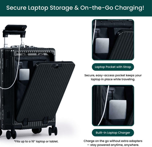 Nobl Travel Carry On Luggage, Noble Zipperless Aluminum Frame PC Hard Shell Suitcase, 20.8"x15"x8.7" Airline Approved, 360° Spinner Wheels, TSA Locks, USB Charging Port, Cup & Phone Holder - Black