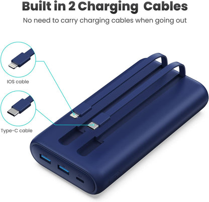 Portable Charger Power Bank 40,800mAh 25W Fast Charging USB C Portable Charger with 2 Built in Cables,5 Outputs & QC 4.0 Quick Phone Charging Battery Pack Compatible with iPhone 16/15/Android (Blue)