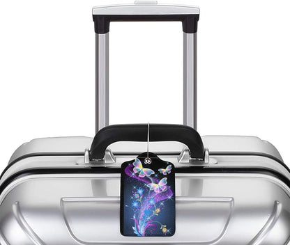 2Pcs Glowing Flowers and Butterfly Luggage Tags, Colorful Fancy Name ID Identifier Labels for Suitcase Baggage Travel Bag, Shine Aesthetic Leather Bag Tags with Full Privacy Cover