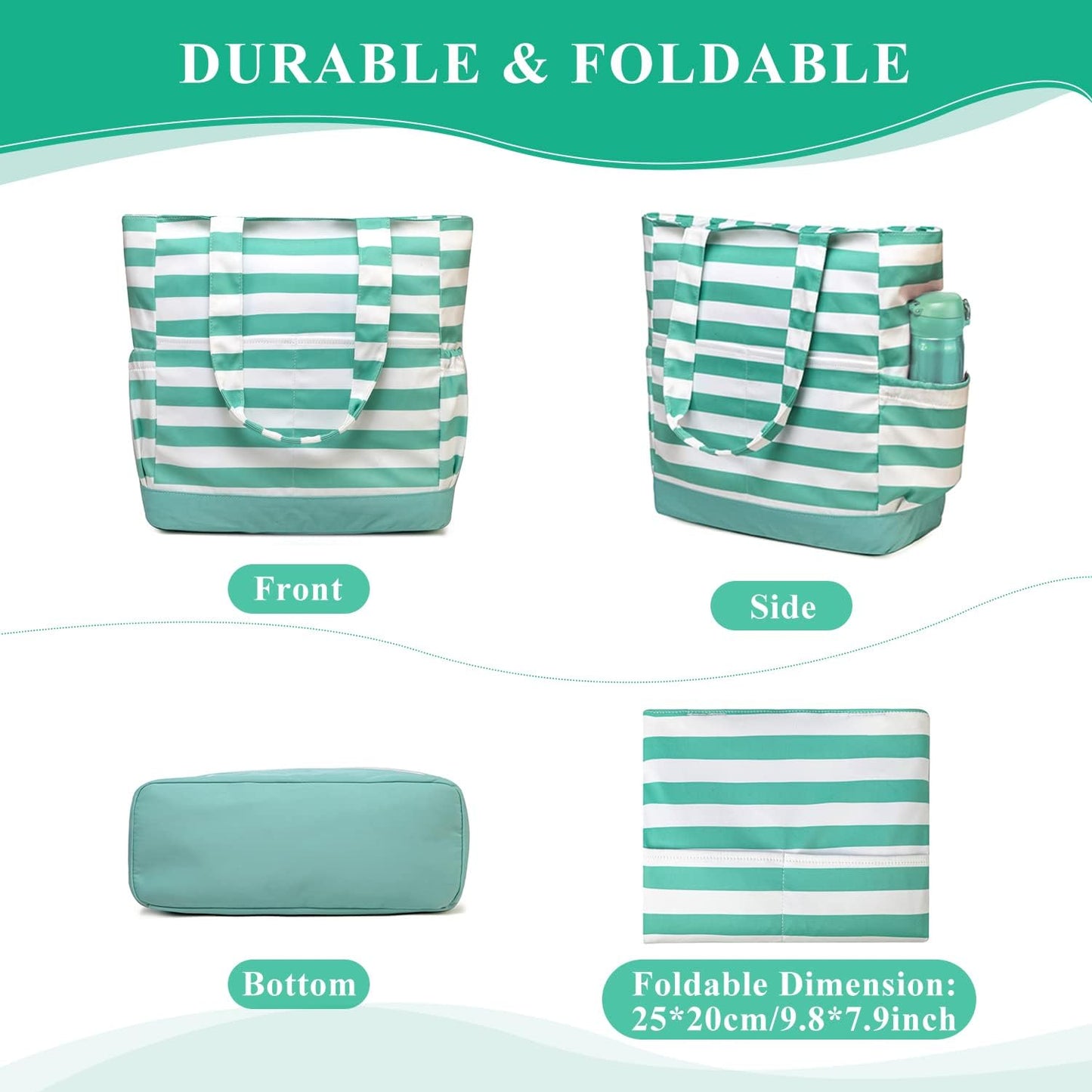 VASCHY Beach Bag for Women, Large Waterproof Sandproof Fold-able Packable Pool Tote Bag w Zipper/Pockets