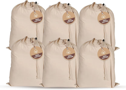 LFH Home Large Premium 100% Cotton Canvas Laundry Bag with Drawstring and Handles Heavy Duty, Multi-Use, and Washable for Home, Travel, College or Storage 28x36 (Pack of 6)-Natural