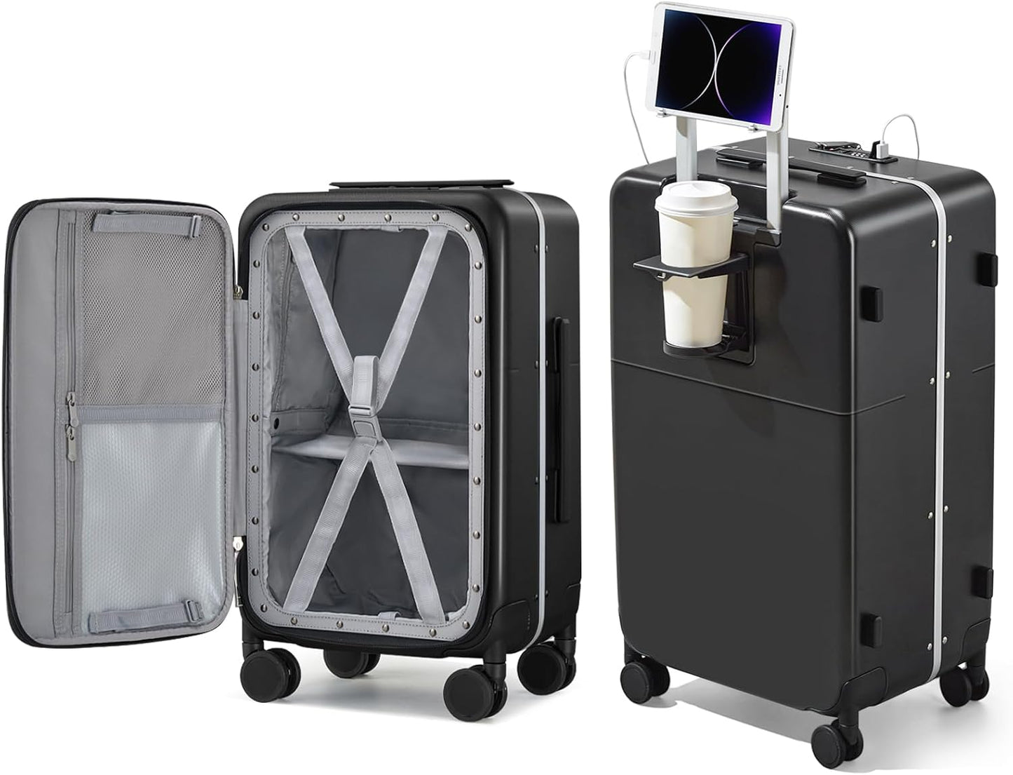 Hanke 24 Inch Luggage with Cup Holder and Charge,Top Opening Hard Shell Suitcases with Wheels and Dividers,Aluminum Frame Trunk Luggage Medium Checked Suitcase with Lock for Travel，Jet Black