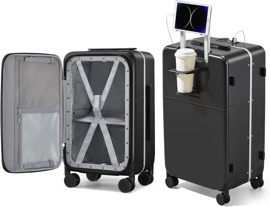 Hanke 24 Inch Luggage with Cup Holder and Charge,Top Opening Hard Shell Suitcases with Wheels and Dividers,Aluminum Frame Trunk Luggage Medium Checked Suitcase with Lock for Travel，Jet Black