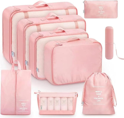 9 Set Packing Cubes for Suitcases, Aydicon Travel Luggage Packing Organizers with Laundry, Toiletry Bag, Compression Storage Shoe Bag, Toothbrush Case, Travel Essentials (Pink)