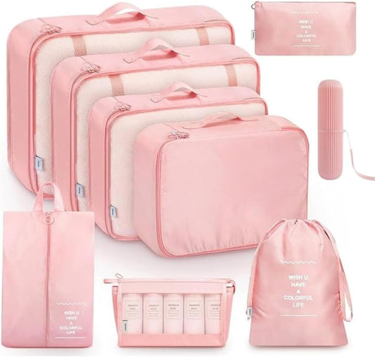9 Set Packing Cubes for Suitcases, Aydicon Travel Luggage Packing Organizers with Laundry, Toiletry Bag, Compression Storage Shoe Bag, Toothbrush Case, Travel Essentials (Pink)