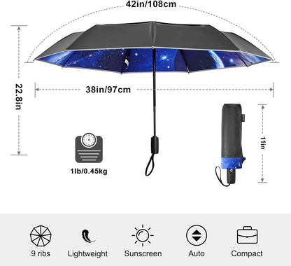 G4Free 42 Inch Eco Windproof Folding Umbrella for Rain & Sun 9 Ribs Wind Resistant Strong Fiberglass Double Canopy with Reflective Strip for Women Men Auto Open Close For Car & Backpack