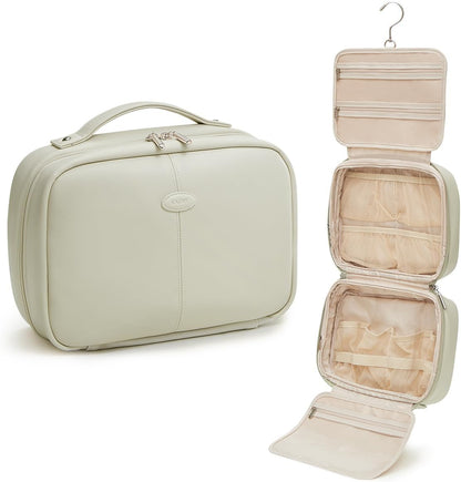 EACHY Toiletry Bag with Hanging Hook, Travel Makeup Bag PU Leather Cosmetic Bags for Women Make Up Organizer with 4 Compartments Waterproof Full-Size Portable Travel Essentials (Fog Green，Pro)