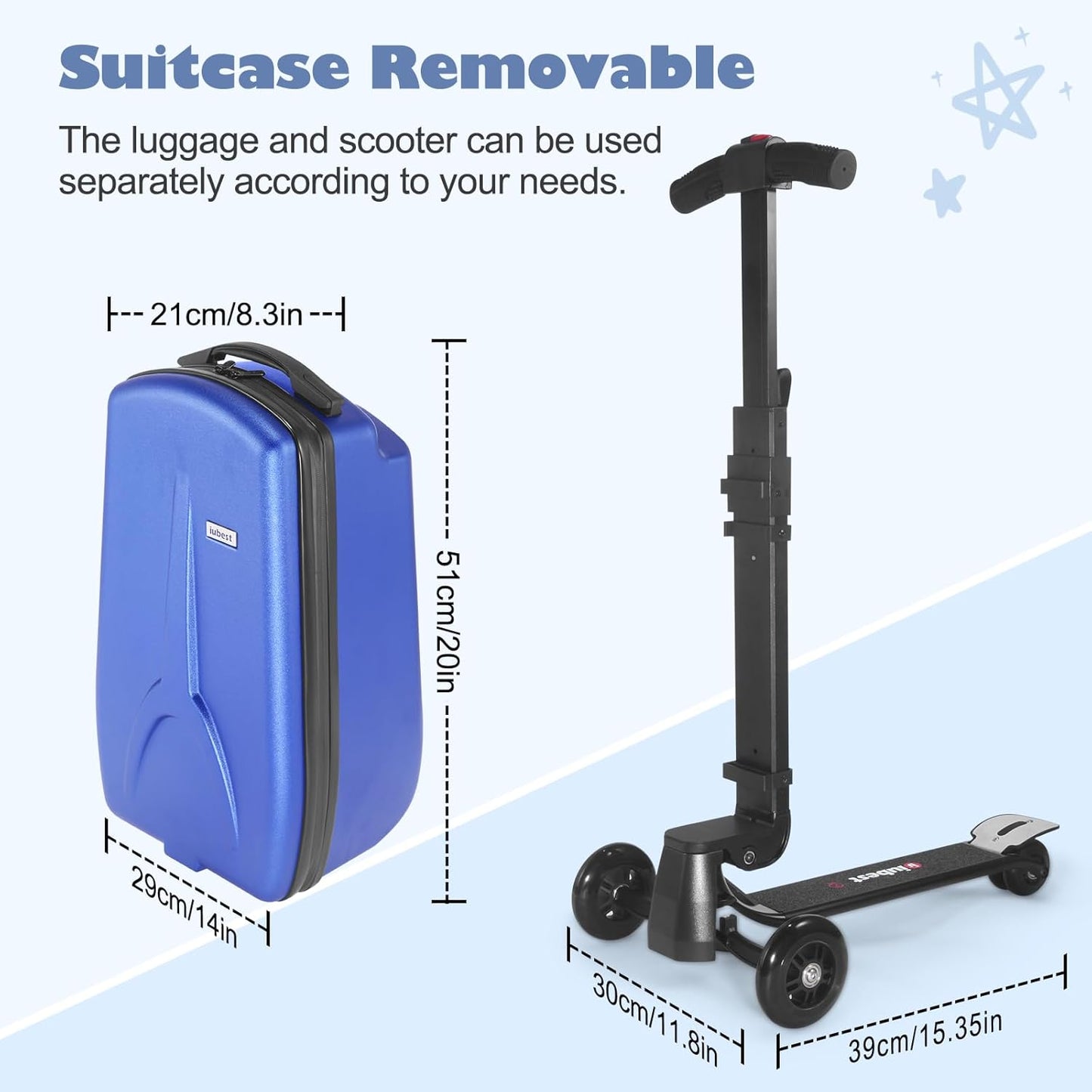 iubest Scooter Luggage Carry On Scooter Suitcase for Kids Age 4-15, Detachable & Foldable 4 in 1 Kids Suitcase, Multifunctional Ride On Travel Trolley Scooter Combo-Blue