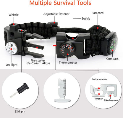 20 in 1 Survival Paracord Bracelet Adjustable Gear Kit with SOS LED Light, Fire Starter, Bigger Compass, Survival Whistle, Perfect for Camping, Hiking, Fishing
