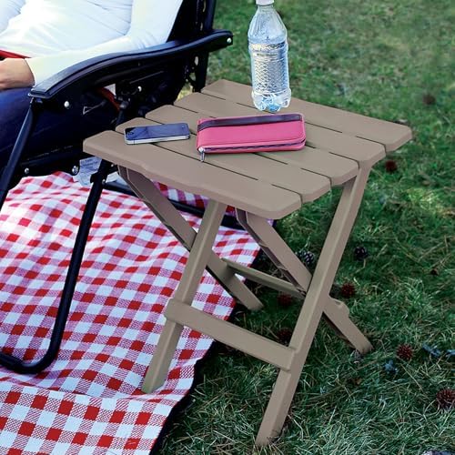 Camco Adirondack Portable Outdoor Camping Small Weatherproof Rustproof Durable Plastic Folding Side Table for Indoor and Outdoor Use, Taupe