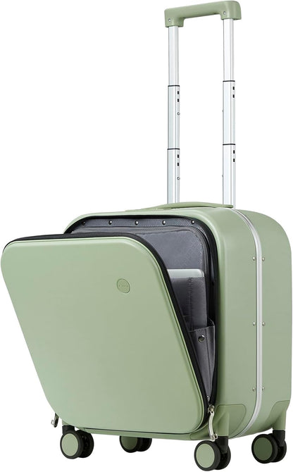 mixi Carry On Luggage, 18” Suitcase with Front Laptop Pocket, Travel Luggage Aluminum Frame PC Hardside with Spinner Wheels & TSA Lock and Cover (Not for Underseat), Avocado Green