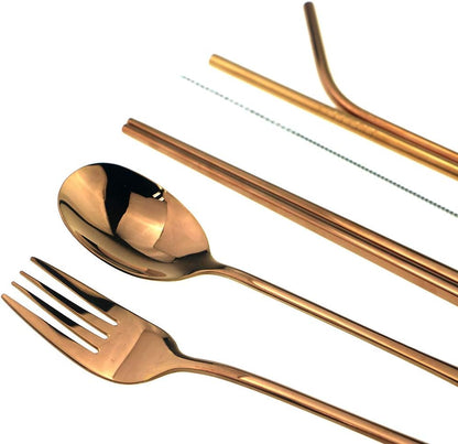 7 Pcs Portable Flatware Set, 304 Stainless Steel Cutlery Set Travel Utensils Set w/Pouch Fork Spoon Chopsticks Straws for Travel Camping Office School, Dishwasher Safe & Eco-Friendly (Rose Gold)