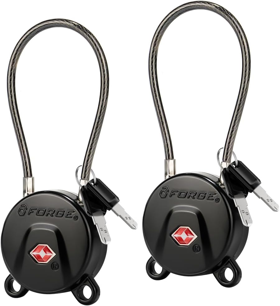 Forge TSA Approved Luggage Locks Ultra-Secure Dimple TSA006 Key Travel Locks with Zinc Alloy Body- Black 2 Cable Locks