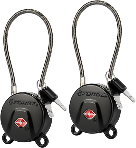 Forge TSA Approved Luggage Locks Ultra-Secure Dimple TSA006 Key Travel Locks with Zinc Alloy Body- Black 2 Cable Locks