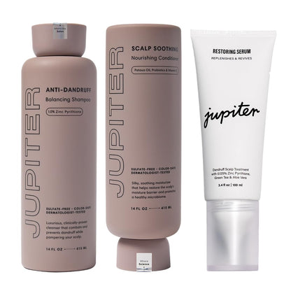 Jupiter Anti-Dandruff Shampoo, Conditioner, & Serum Advanced Set, Physician-Formulated for Dry, Itchy, Oily, Flaky Scalp Care, Color-Safe, Dry Scalp, Sulfate-Free