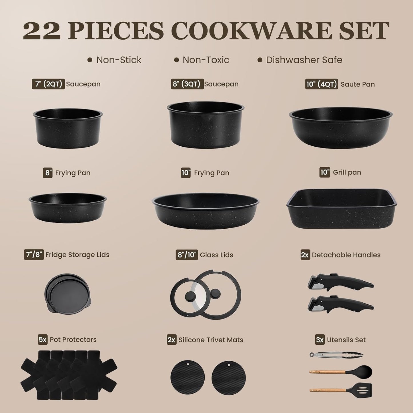 KIKCOIN 22 Pcs Pots and Pans Set Non Stick, Detachable Handle Cookware Sets Nonstick, RV Kitchen Cooking Set with Removable Handles, Frying Pans - Induction/Dishwasher/Oven Safe (Black)